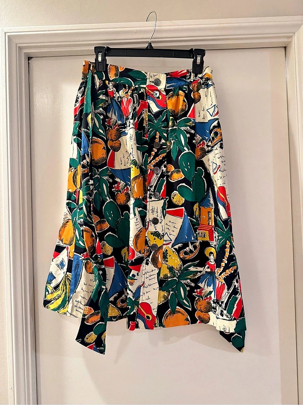 J.Crew Novelty Print Postcard Spain Fruit Button Front A-Line Midi Skirt